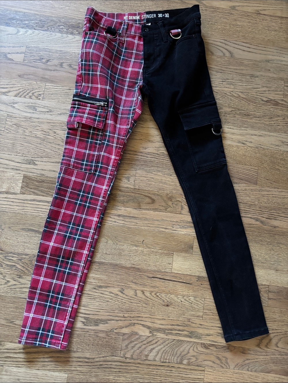 Hot Topic HT Denim Stinger Split Leg Plaid/Black Cargo Skinny Jeans Unisex 30x30